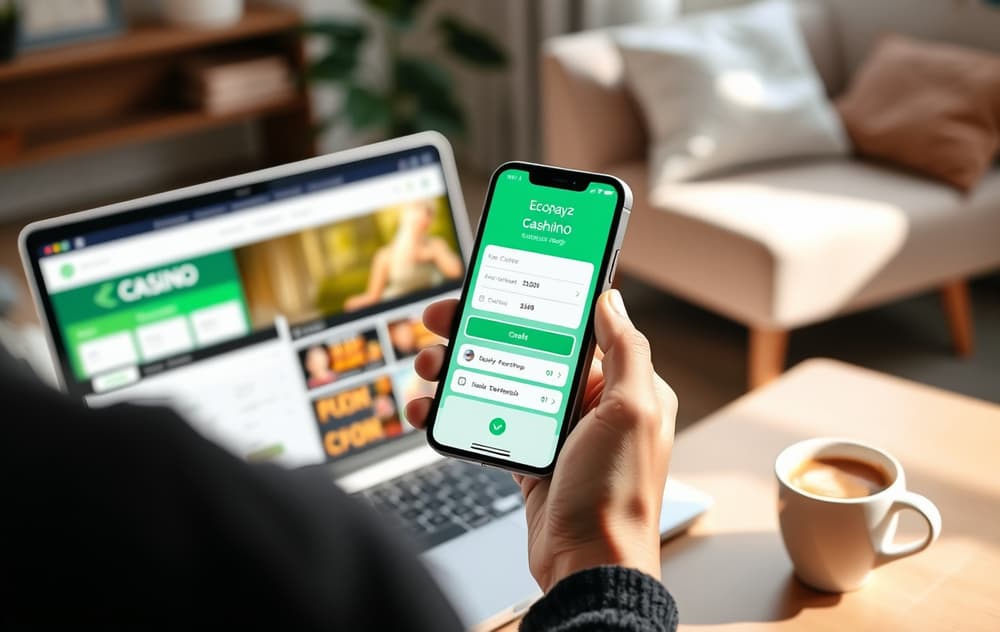 En person som bruker Ecopayz-appen på mobiltelefon ved siden av en bærbar PC med et casino åpent.