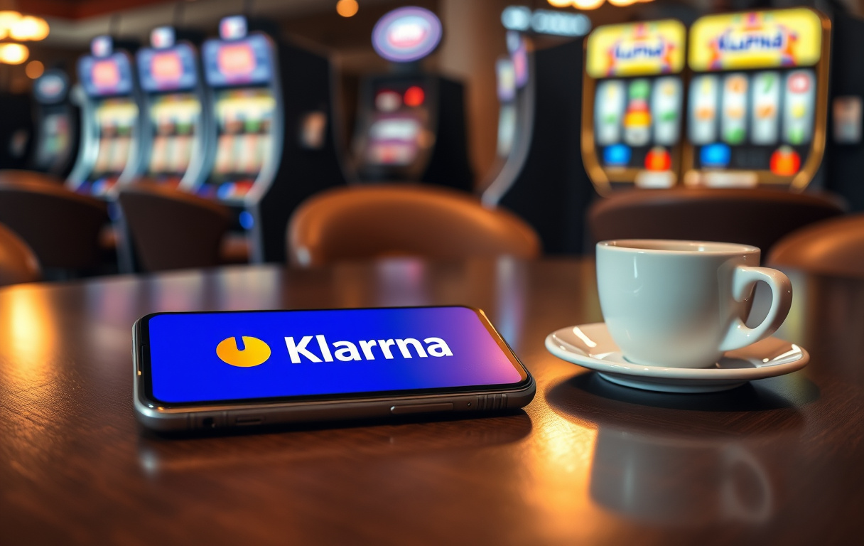 Smarttelefon med Klarna-logo på en casinobord, ved siden av en kaffekopp og spilleautomater i bakgrunnen.