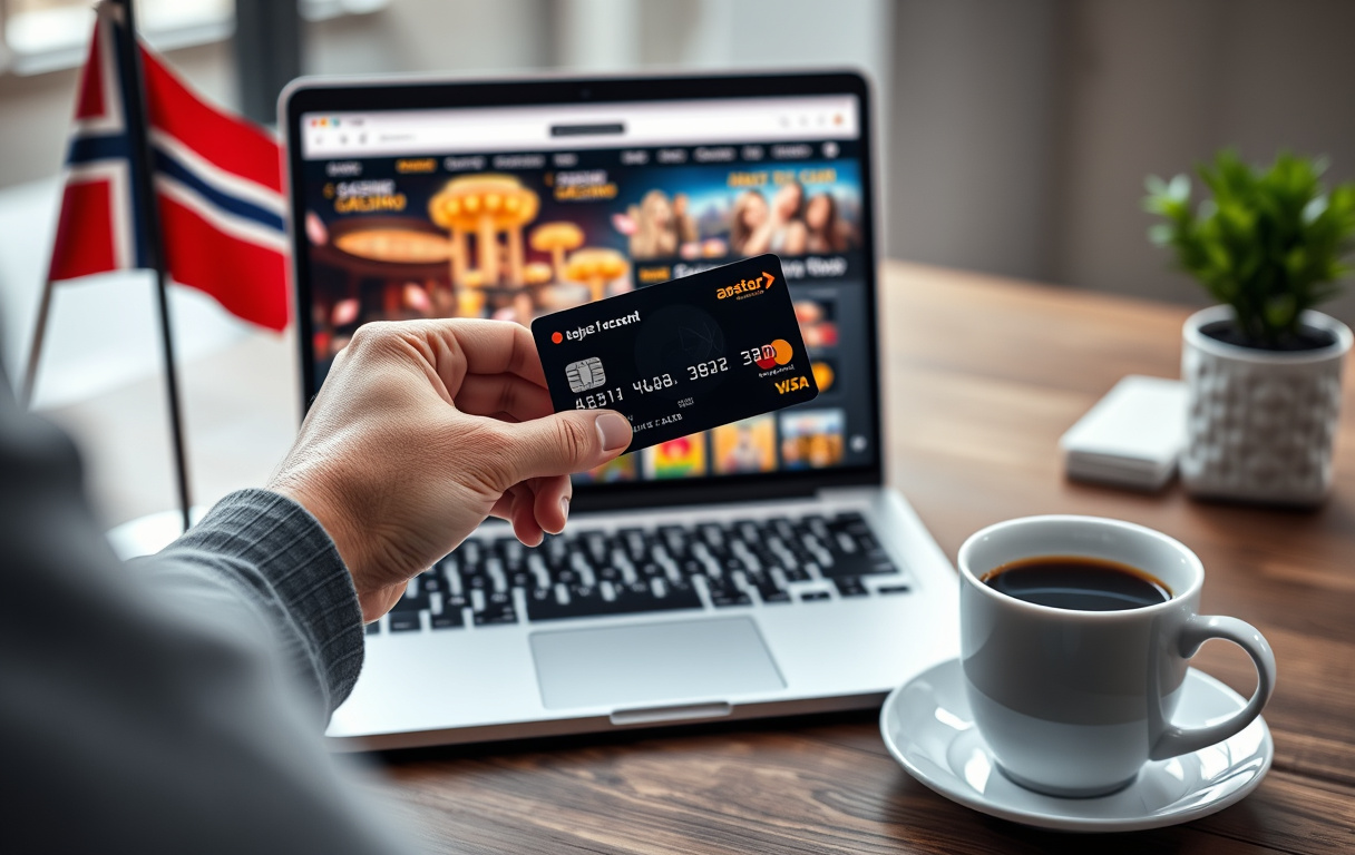 Hånd som holder et Mastercard debetkort foran en laptop med casinospill på skjermen.