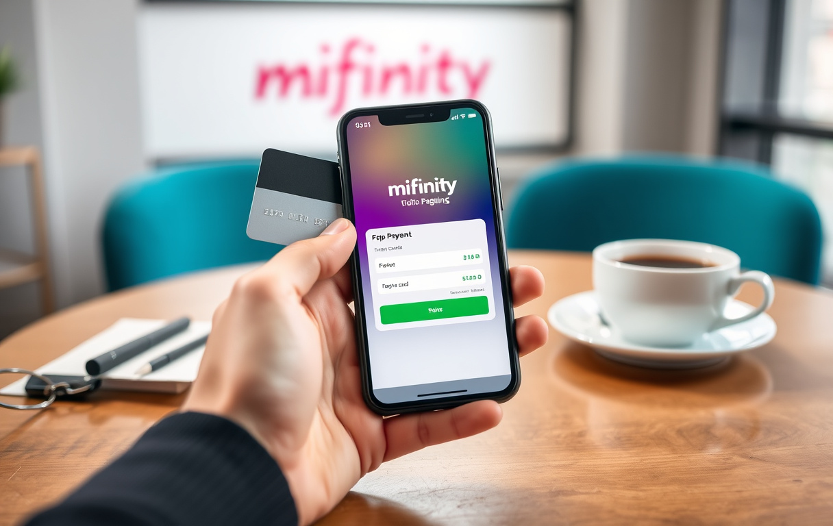 Smarttelefon med MiFinity-appen og et casino-logo i bakgrunnen, kredittkort og kaffekopp på et bord.