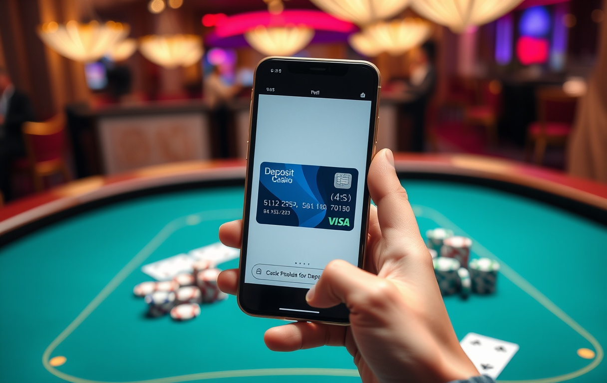 Person som setter inn penger på casino via mobilbetaling med Visa-kort.