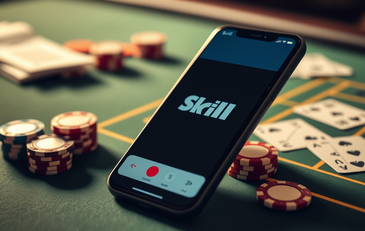 Smarttelefon med Skrill-app på et kasinobord med sjetonger og kort