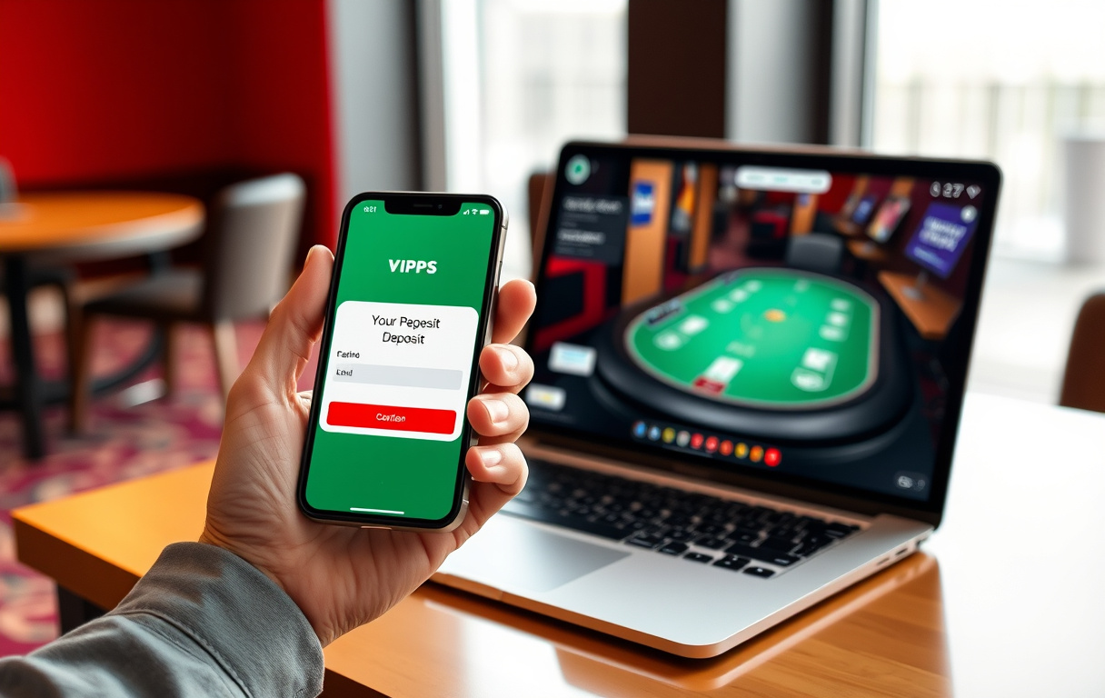 Person som bruker Vipps på mobilen for å sette inn penger på et nettcasino. Laptop med casinospill i bakgrunnen.