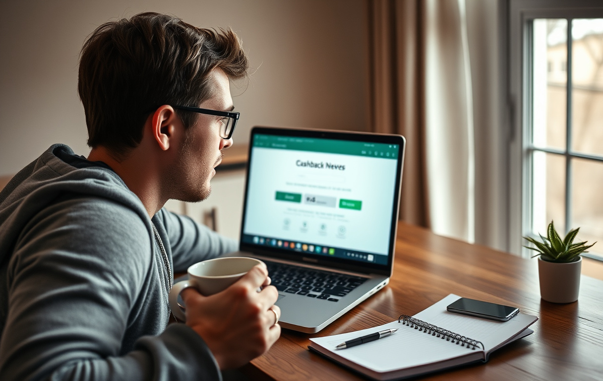 Norsk spiller ser på cashback-melding på bærbar PC, kaffekopp og budsjettnotatbok ved siden av.