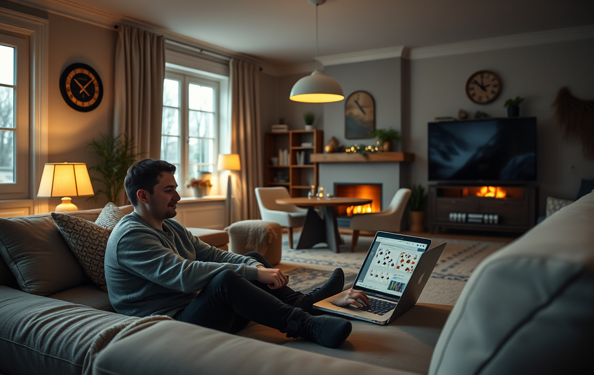 Person som spiller blackjack på laptop i stue med norsk stemning