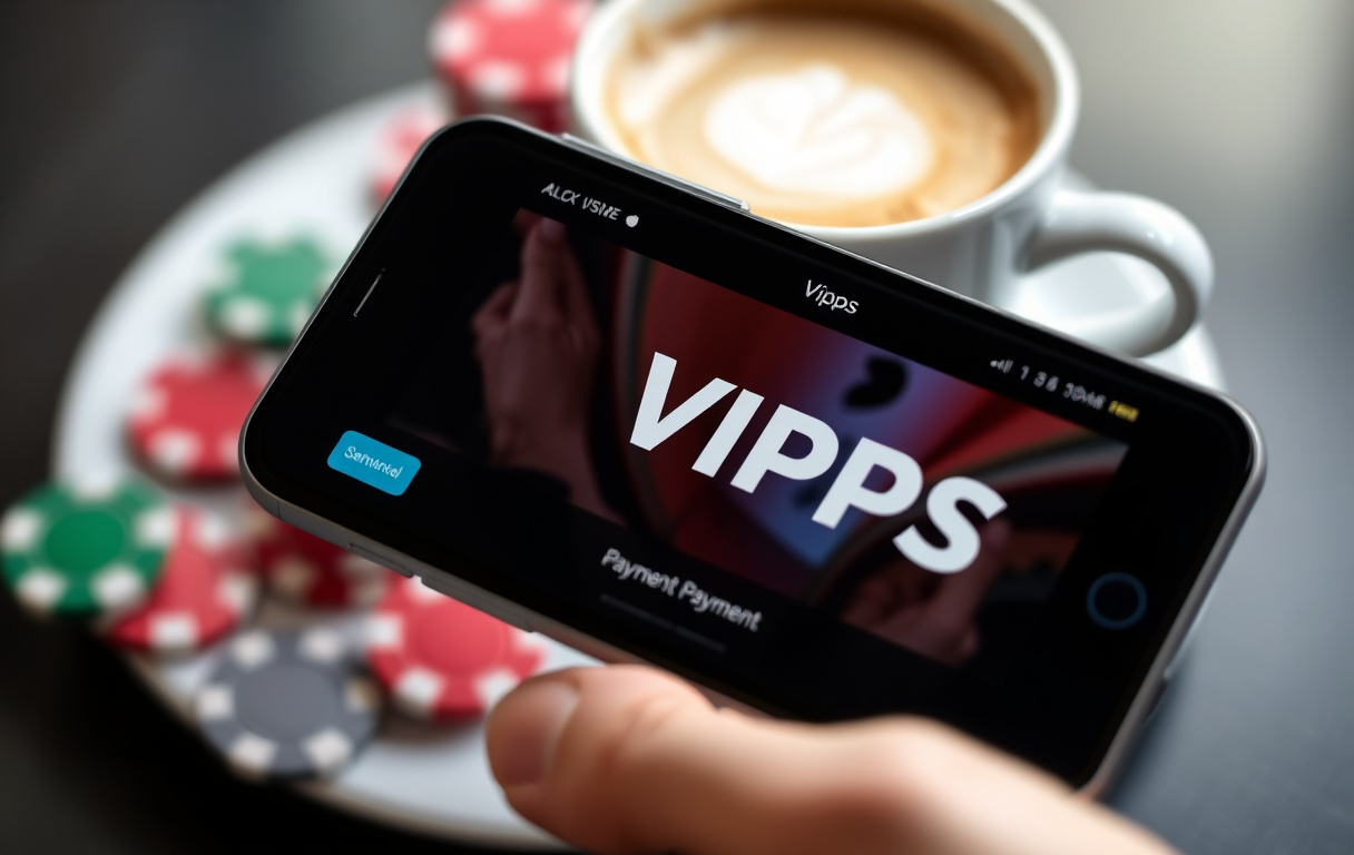 Smarttelefon med Vipps-betaling på et casino, med kaffekopp og sjetonger i bakgrunnen
