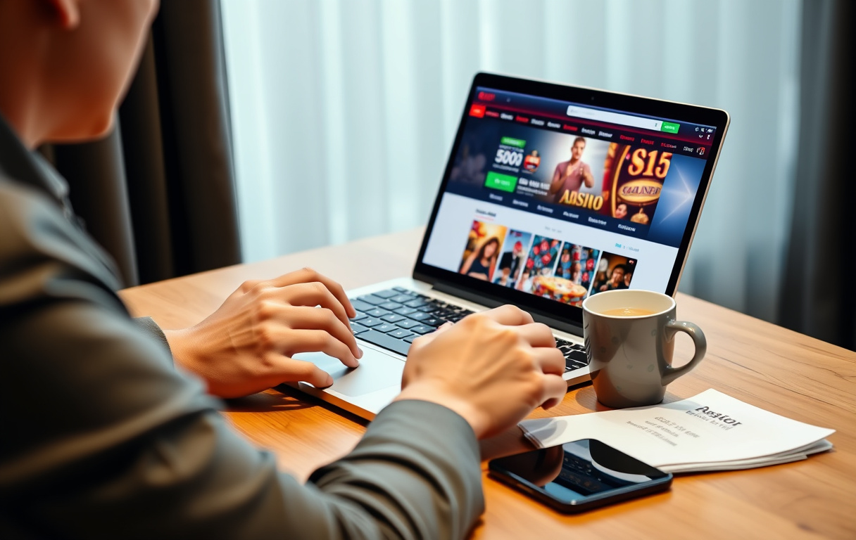 En person foran en datamaskin med casino-sider på skjermen, kaffekopp og mobiltelefon på pulten.