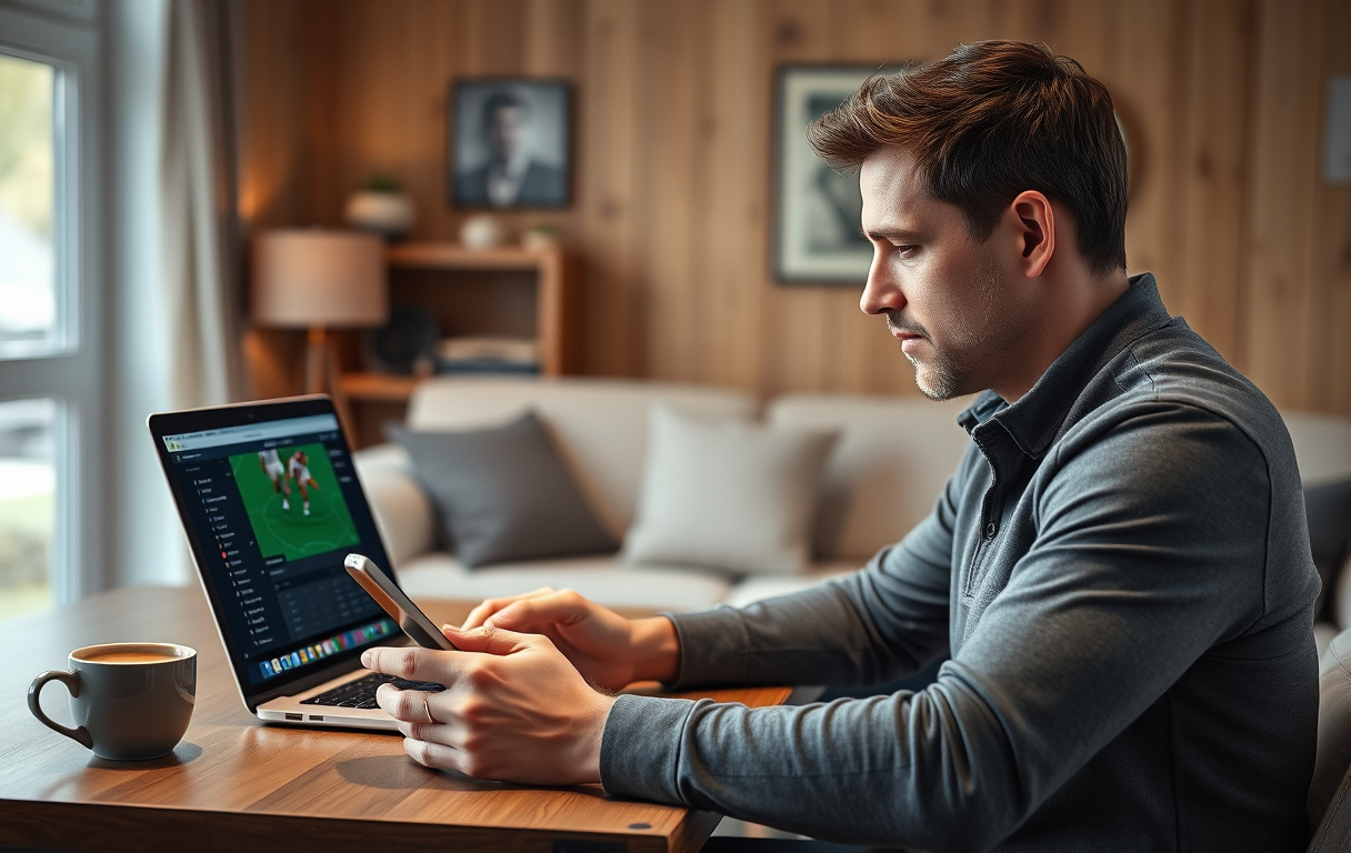 En person som sjekker odds på en bettingside på laptop og mobil, i en norsk stue.