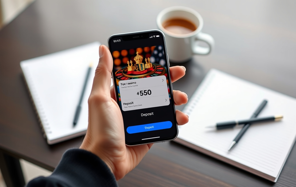 Person som holder mobil med casino-app og innskudd på 50 kroner, bakgrunn med kaffekopp og notatblokk.