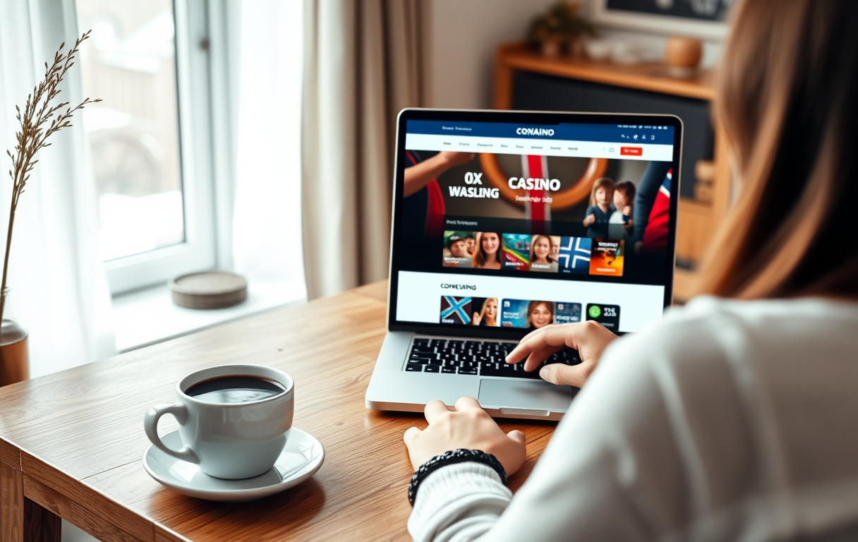 Norsk person foran laptop med casino uten omsetningskrav vist på skjermen.