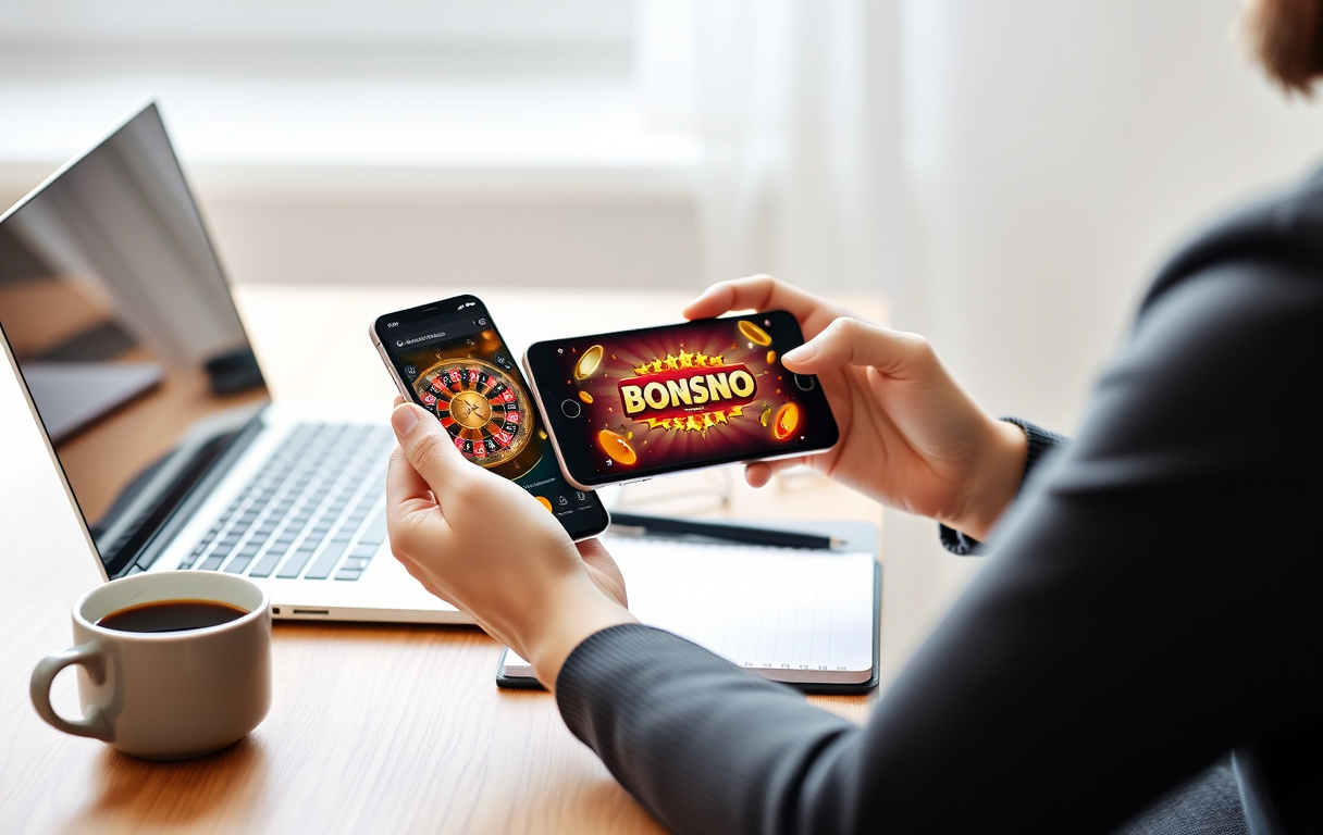 Person som sammenligner gratis casino-bonuser på laptop og mobil.