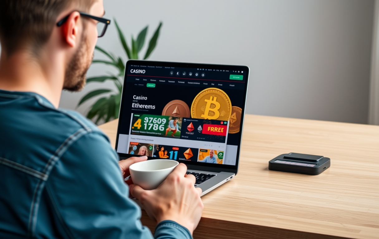 Person som sammenligner kryptocasinoer på laptop med Bitcoin-symbol i bakgrunnen