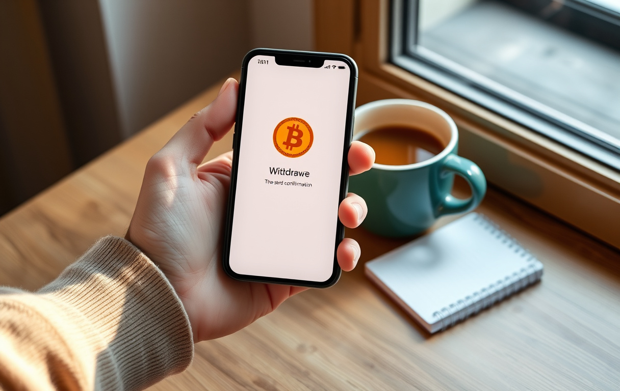 Person som holder mobil med uttaksbekreftelse og Bitcoin-logo, ved siden av en kopp kaffe.