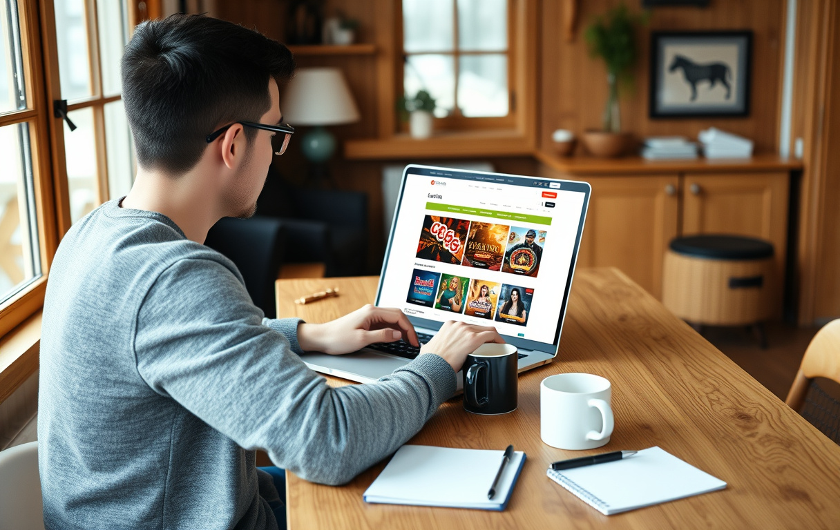 En person sammenligner to casino-nettsider på en bærbar PC ved et skrivebord, med kaffekopp og notatblokk.