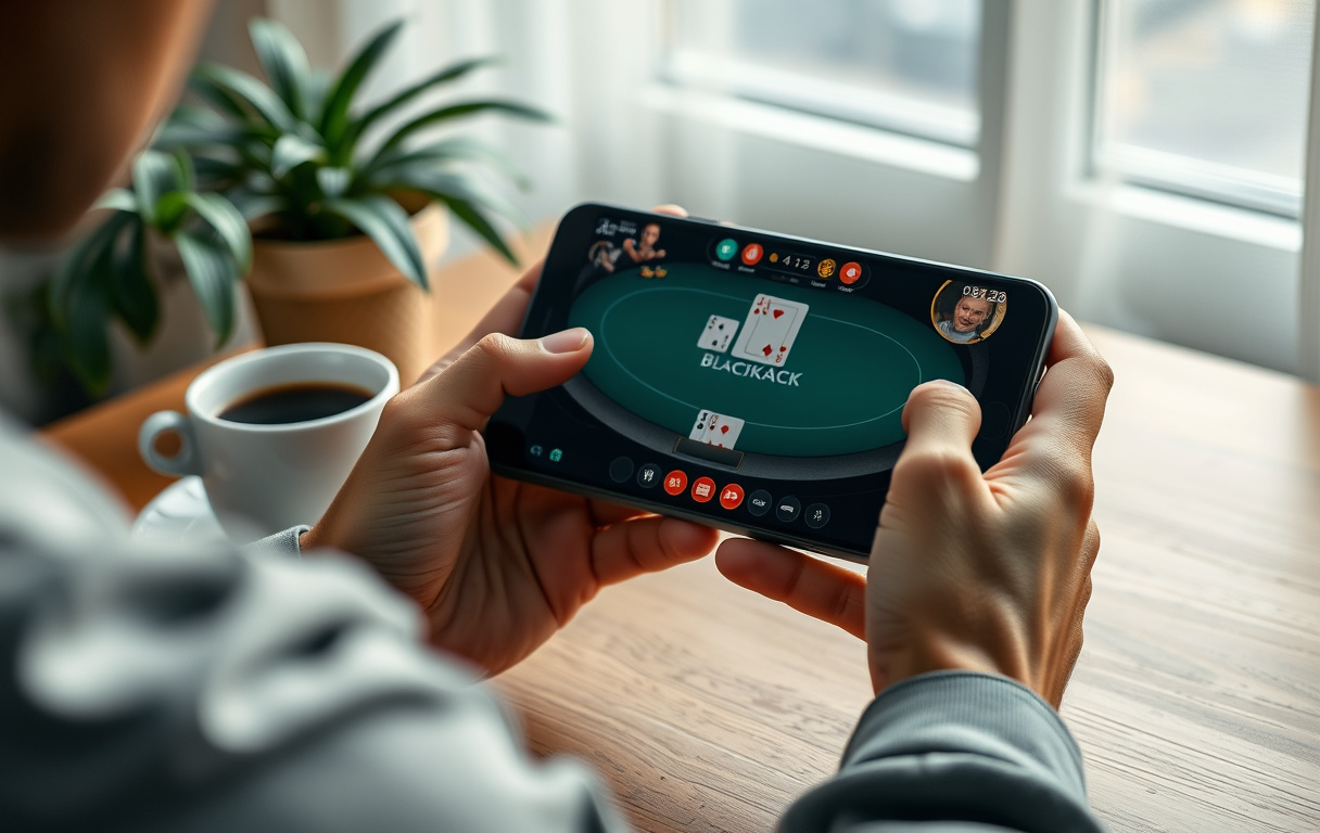 Person som spiller blackjack på mobilen ved et skrivebord med kaffekopp.