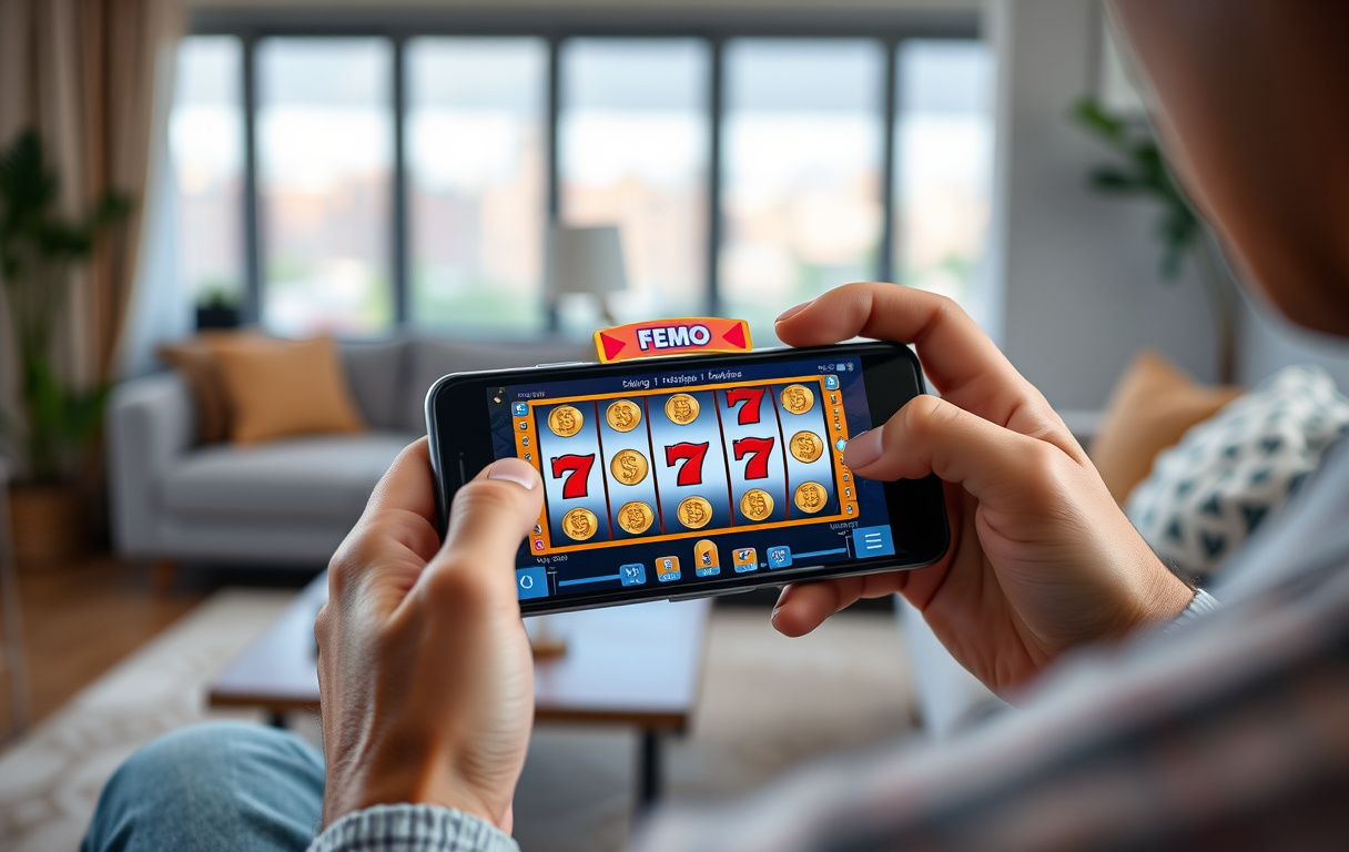 Person som spiller gratis spilleautomater på mobil i stuen.