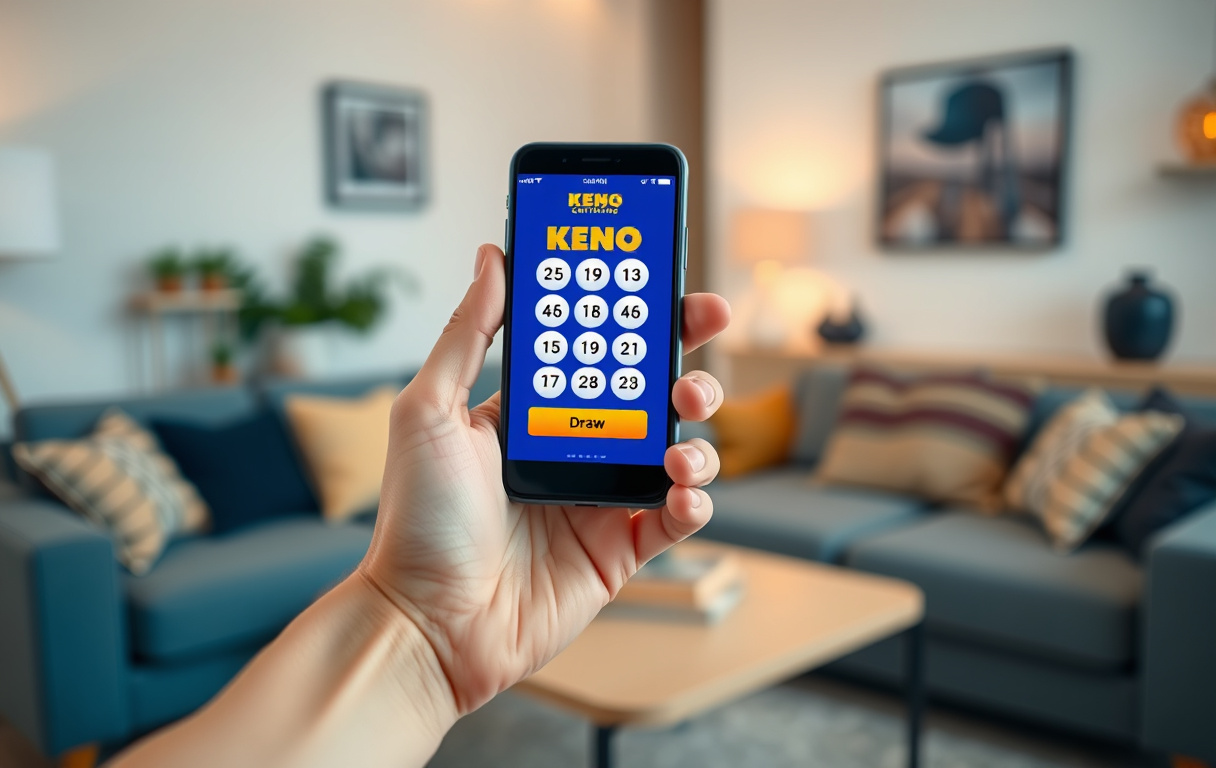 Person som spiller Keno på mobiltelefon i stuen, med spillgrensesnittet synlig på skjermen