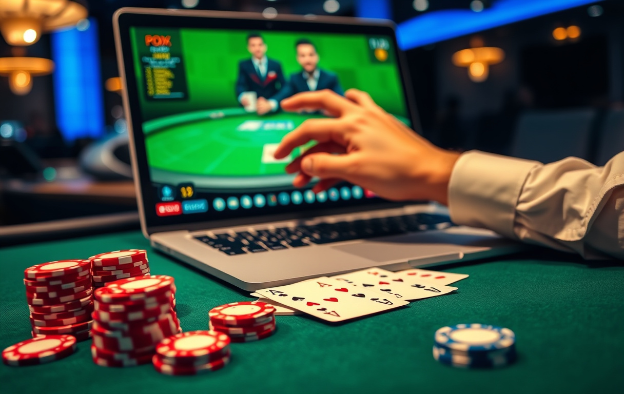 Online pokerbord med kort og chips, skjerm med spillerhånd og livedealer i bakgrunnen